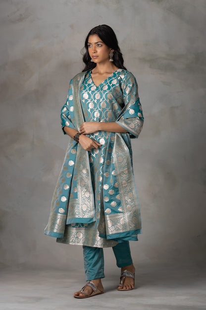 Teal Blue Banarasi Silk Suit Set with Zari Motifs
