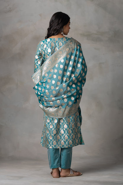 Teal Blue Banarasi Silk Suit Set with Zari Motifs