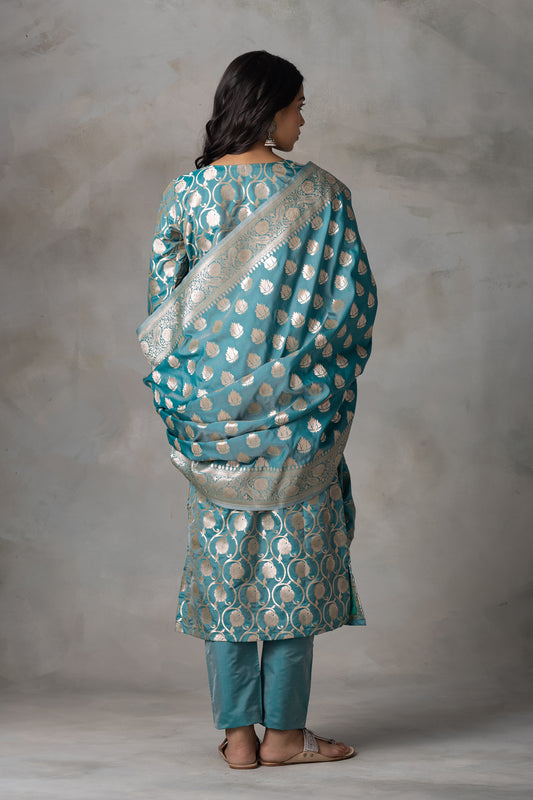 Teal Blue Banarasi Silk Suit Set with Zari Motifs