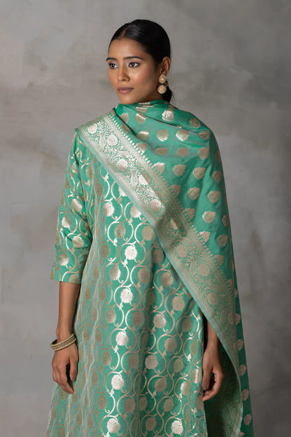 Emerald Green Banarasi Silk Suit Set with Zari Motifs