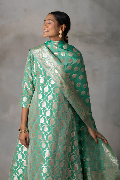 Emerald Green Banarasi Silk Suit Set with Zari Motifs