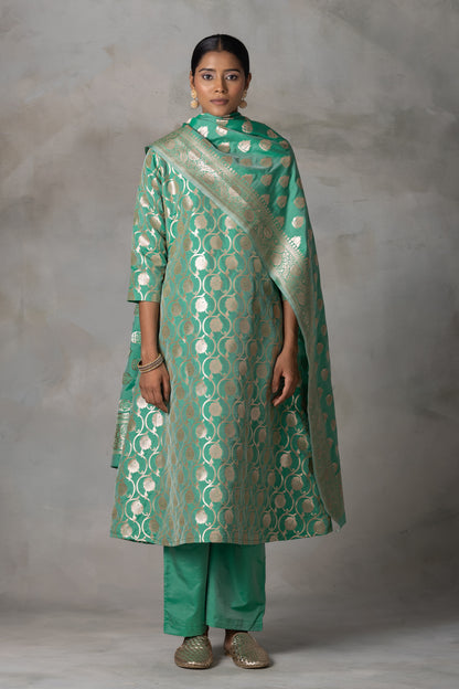 Emerald Green Banarasi Silk Suit Set with Zari Motifs
