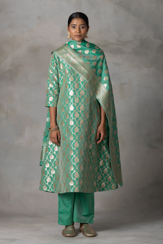 Emerald Green Banarasi Silk Suit Set with Zari Motifs