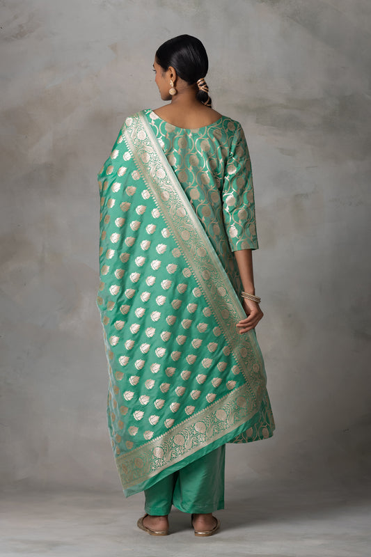 Emerald Green Banarasi Silk Suit Set with Zari Motifs