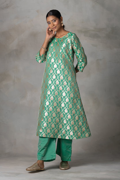 Emerald Green Banarasi Silk Suit Set with Zari Motifs