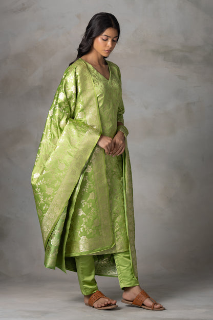 Light Green Banarasi Silk Suit Set with Zari Motifs