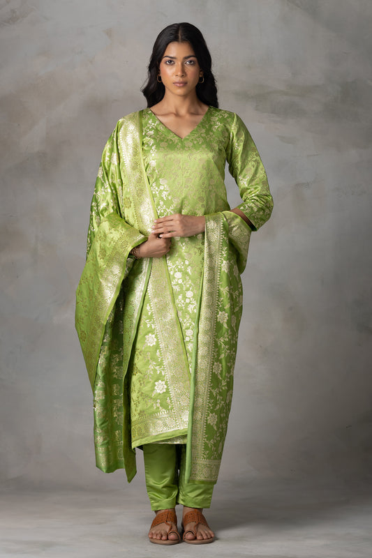 Light Green Banarasi Silk Suit Set with Zari Motifs