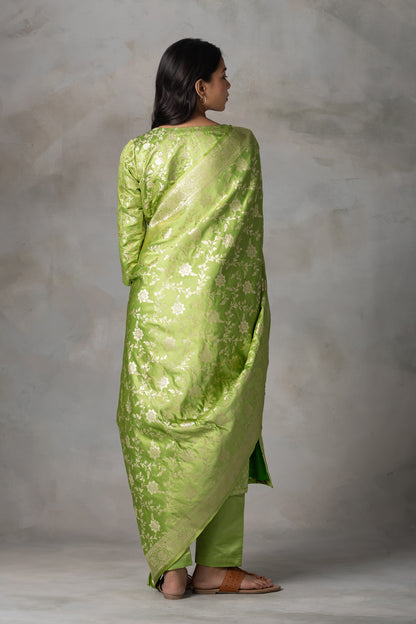 Light Green Banarasi Silk Suit Set with Zari Motifs
