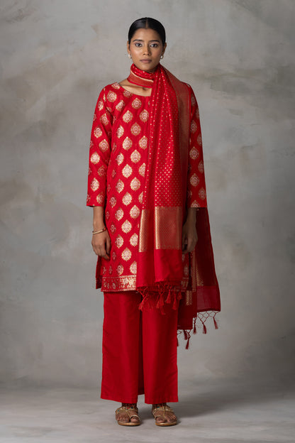 Classic Red Banarasi Silk Suit Set with Zari Weaving