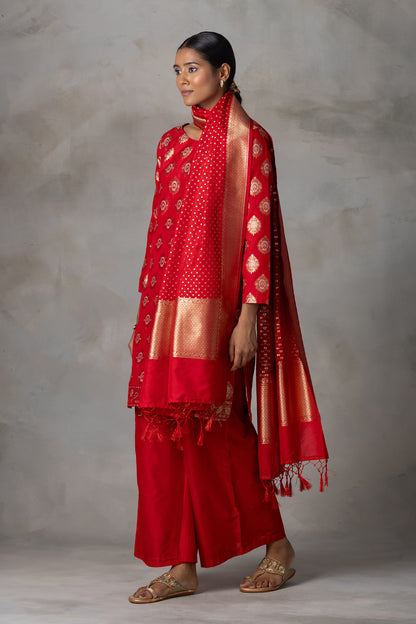 Classic Red Banarasi Silk Suit Set with Zari Weaving