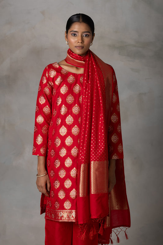 Classic Red Banarasi Silk Suit Set with Zari Weaving