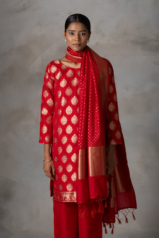 Classic Red Banarasi Silk Suit Set with Zari Weaving