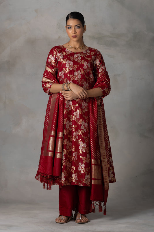 Deep Red Banarasi Silk Suit Set with Zari Weaving