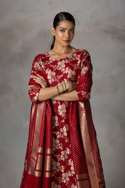 Deep Red Banarasi Silk Suit Set with Zari Weaving