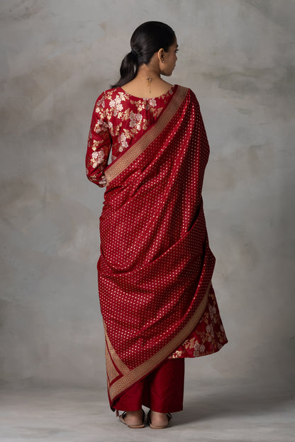 Deep Red Banarasi Silk Suit Set with Zari Weaving