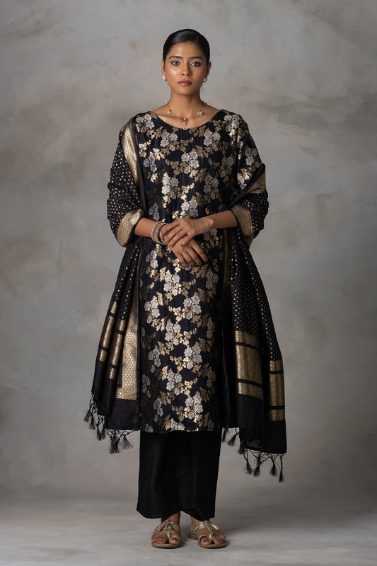 Black Banarasi Silk Suit Set with Zari Weaving