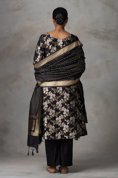 Black Banarasi Silk Suit Set with Zari Weaving