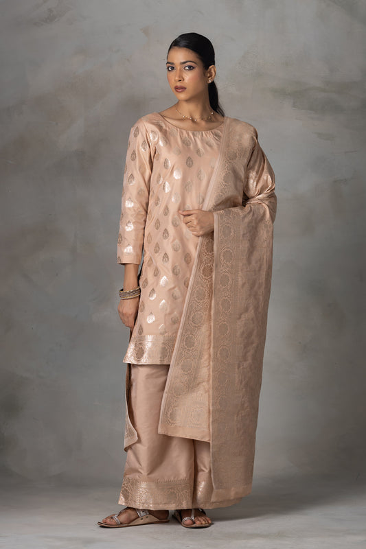 Beige Banarasi Silk Suit Set with Zari Weaving