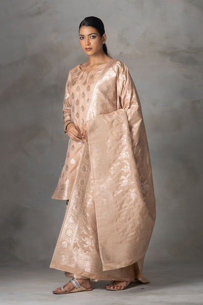 Beige Banarasi Silk Suit Set with Zari Weaving