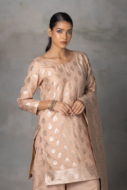 Beige Banarasi Silk Suit Set with Zari Weaving