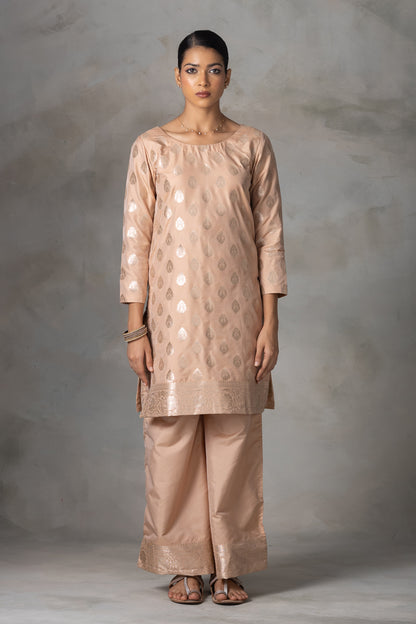 Beige Banarasi Silk Suit Set with Zari Weaving