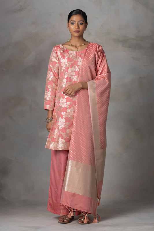 Peach Pink Banarasi Silk Suit Set with Zari Weaving