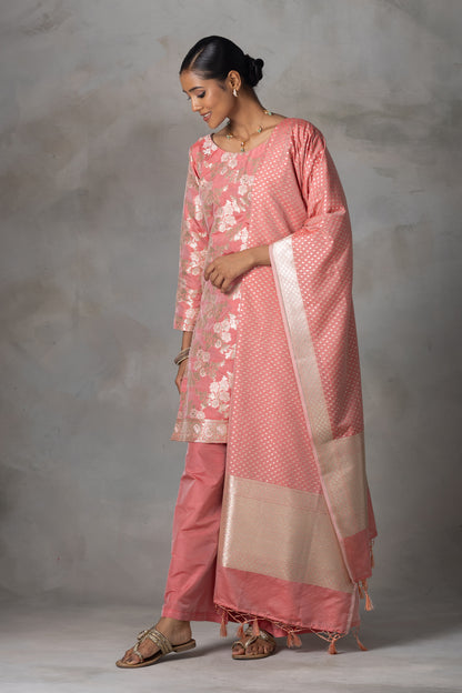 Peach Pink Banarasi Silk Suit Set with Zari Weaving