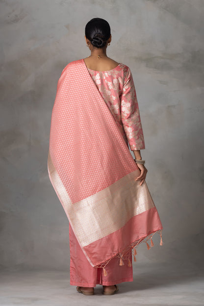 Peach Pink Banarasi Silk Suit Set with Zari Weaving