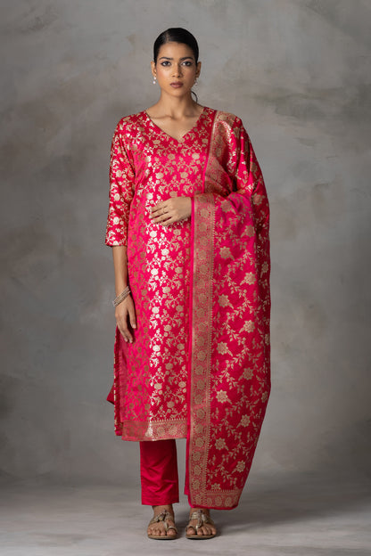 Bright Pink Banarasi Silk Suit Set with Zari Weaving