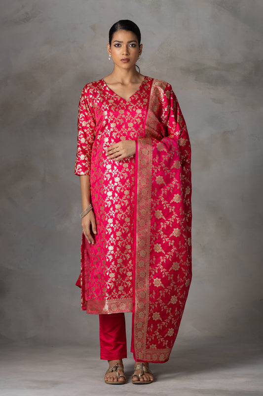 Bright Pink Banarasi Silk Suit Set with Zari Weaving
