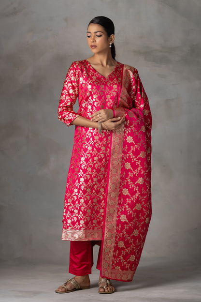 Bright Pink Banarasi Silk Suit Set with Zari Weaving