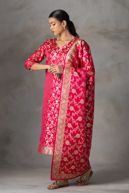 Bright Pink Banarasi Silk Suit Set with Zari Weaving
