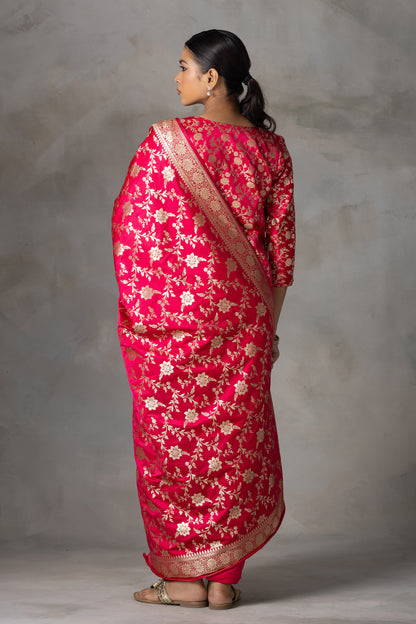 Bright Pink Banarasi Silk Suit Set with Zari Weaving