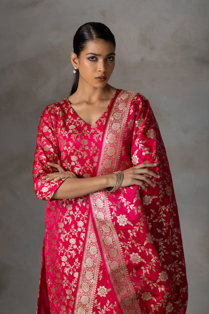 Bright Pink Banarasi Silk Suit Set with Zari Weaving