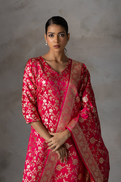 Bright Pink Banarasi Silk Suit Set with Zari Weaving