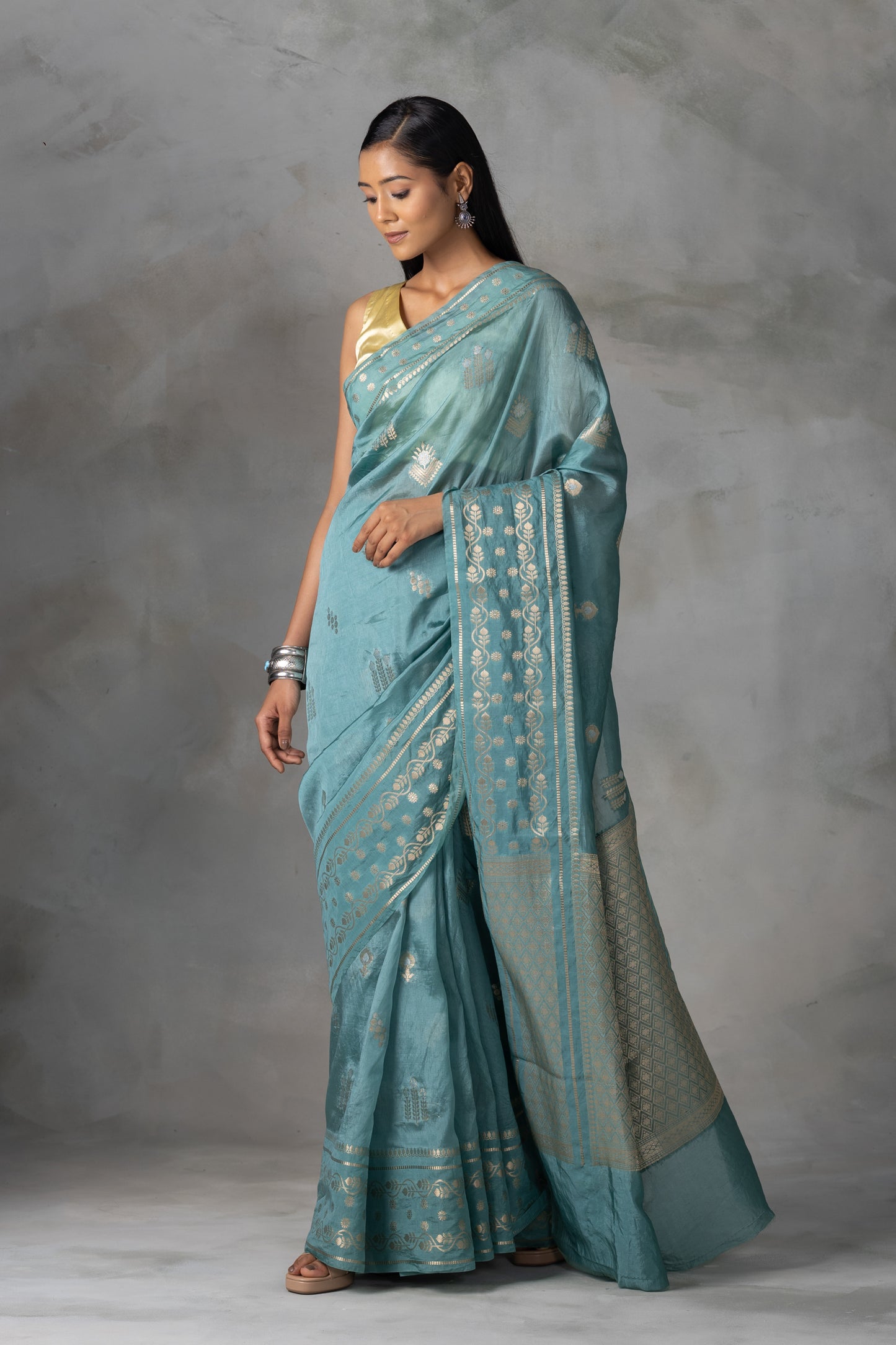 Elegant Teal Banarasi Silk Saree with Gold & Silver Zari Work