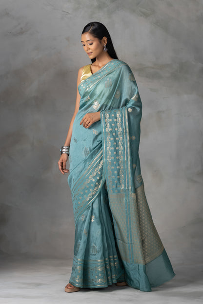 Elegant Teal Banarasi Silk Saree with Gold & Silver Zari Work