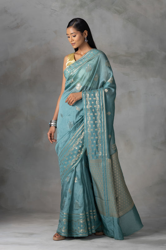 Elegant Teal Banarasi Silk Saree with Gold & Silver Zari Work