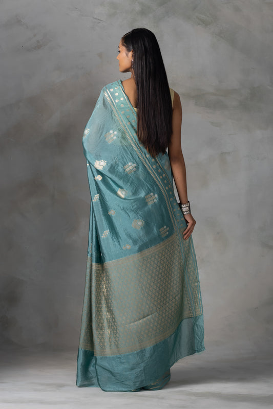 Elegant Teal Banarasi Silk Saree with Gold & Silver Zari Work