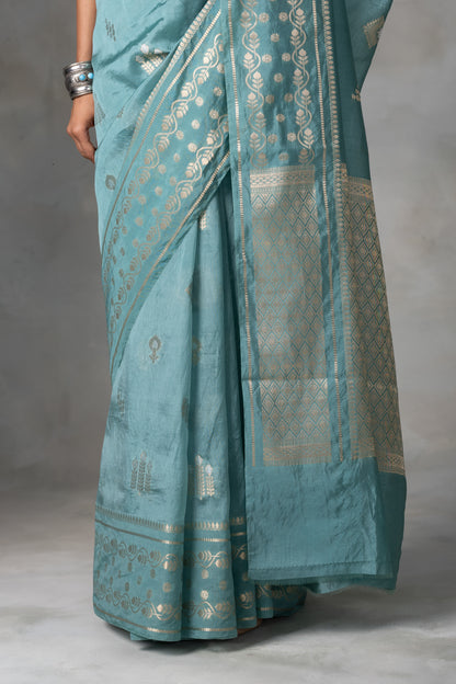 Elegant Teal Banarasi Silk Saree with Gold & Silver Zari Work
