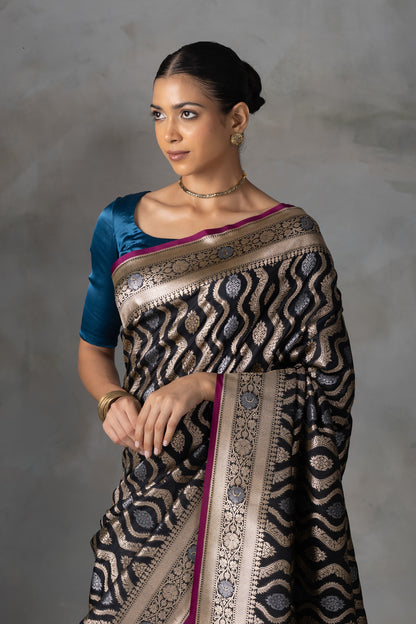Majestic Black Banarasi Silk Saree with Gold & Silver Zari Weave