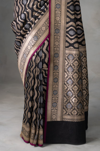 Majestic Black Banarasi Silk Saree with Gold & Silver Zari Weave