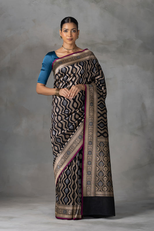 Majestic Black Banarasi Silk Saree with Gold & Silver Zari Weave