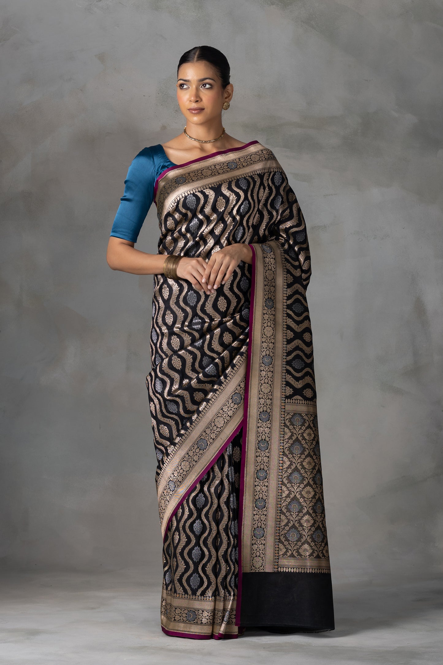 Majestic Black Banarasi Silk Saree with Gold & Silver Zari Weave