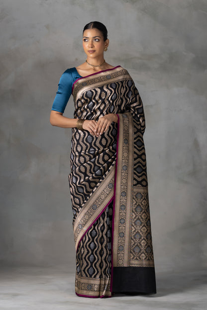 Majestic Black Banarasi Silk Saree with Gold & Silver Zari Weave