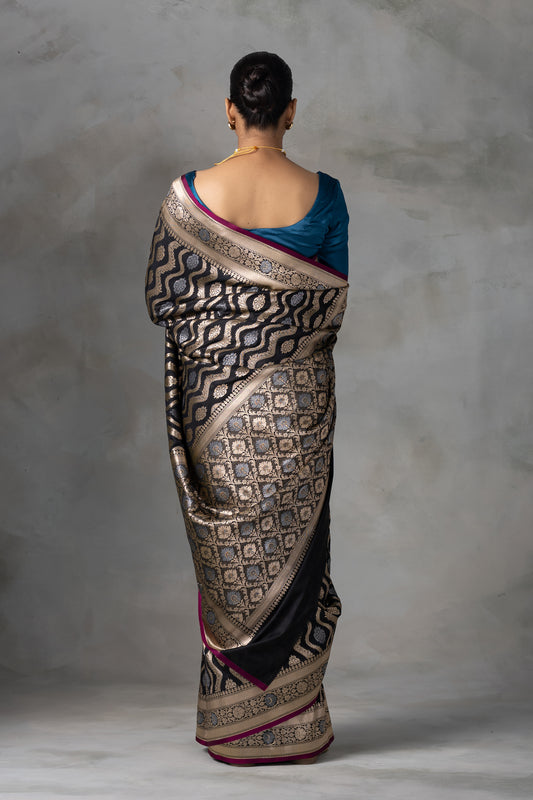Majestic Black Banarasi Silk Saree with Gold & Silver Zari Weave