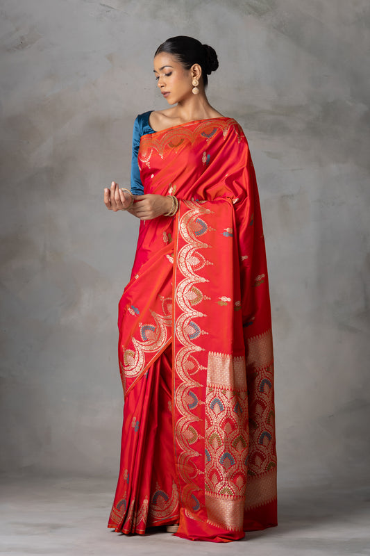 Classic Red Banarasi Silk Saree with Meenakari & Gold Zari Work
