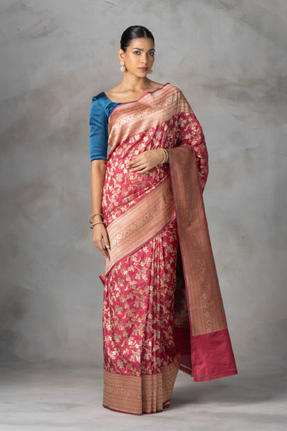 Rudrakshi Red Banarasi Silk Saree with Meenakari Zari Work