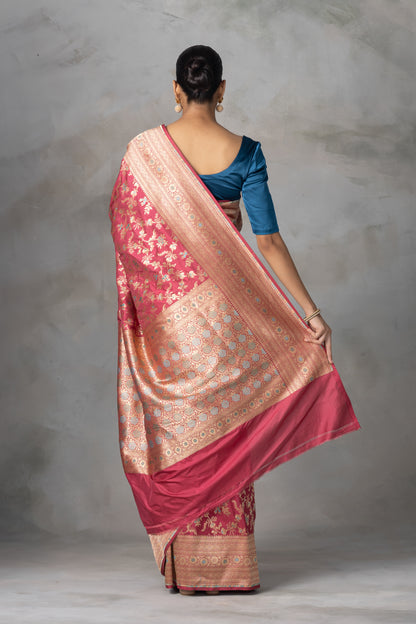 Rudrakshi Red Banarasi Silk Saree with Meenakari Zari Work