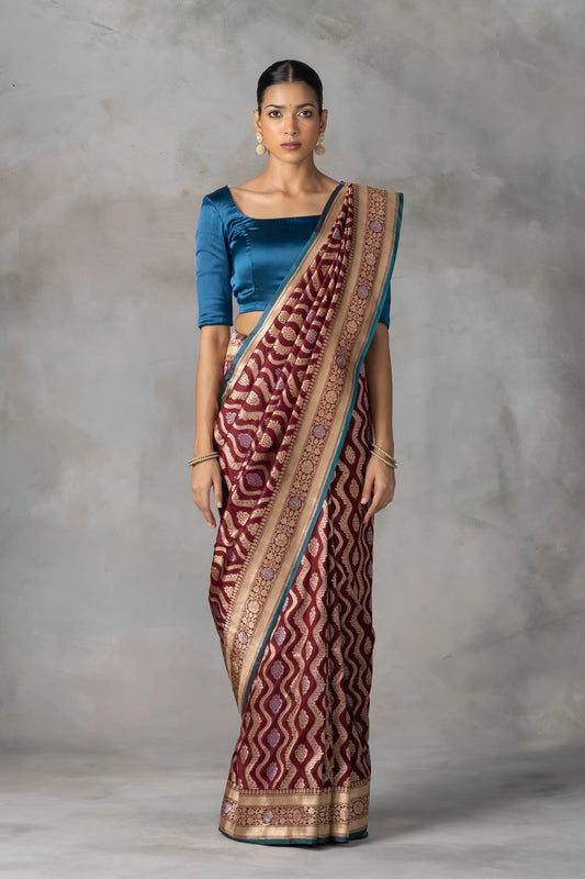 Deep Maroon Banarasi Silk Saree with Gold & Silver Zari Weave